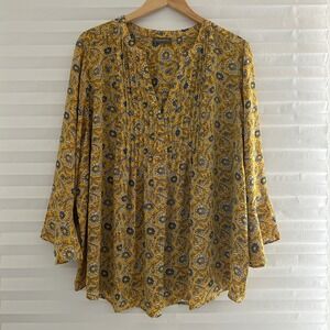 Style&Co Womens 3X Mustard Yellow Floral Pintuck Bell Sleeve Blouse Top Boho